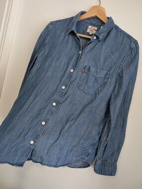 Levis Small Western Button Down Denim Shirt Boyfriend Fit Distressed Blue Jean